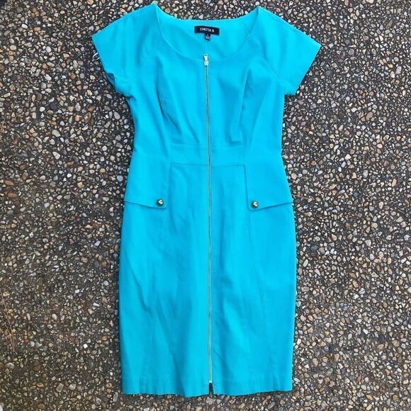 Vintage 90s Chetta B fitted zipper dress turquoise - Picture 1 of 5